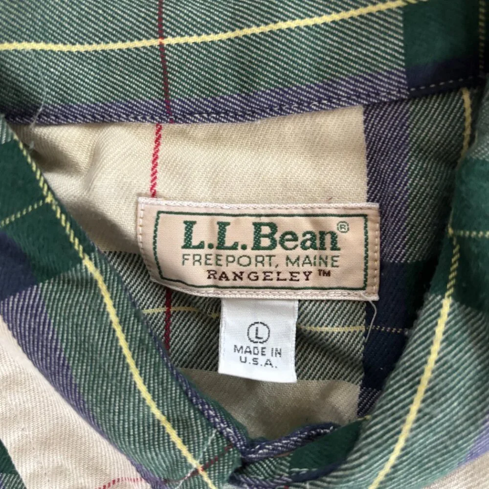 Vintage LL Bean Rangeley Flannel Shirt Men L‎ Cream Blue Green Plaid Pocket USA